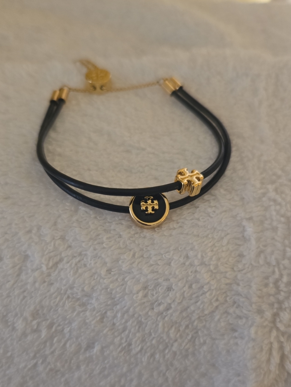 Tory Burch Black Leather Double-Strand Bracelet with Gold Logo Accents